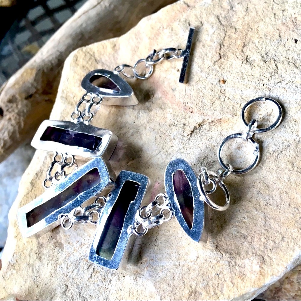 Rainbow Fluorite Bold Rectangular Link Bracelet N… - image 4